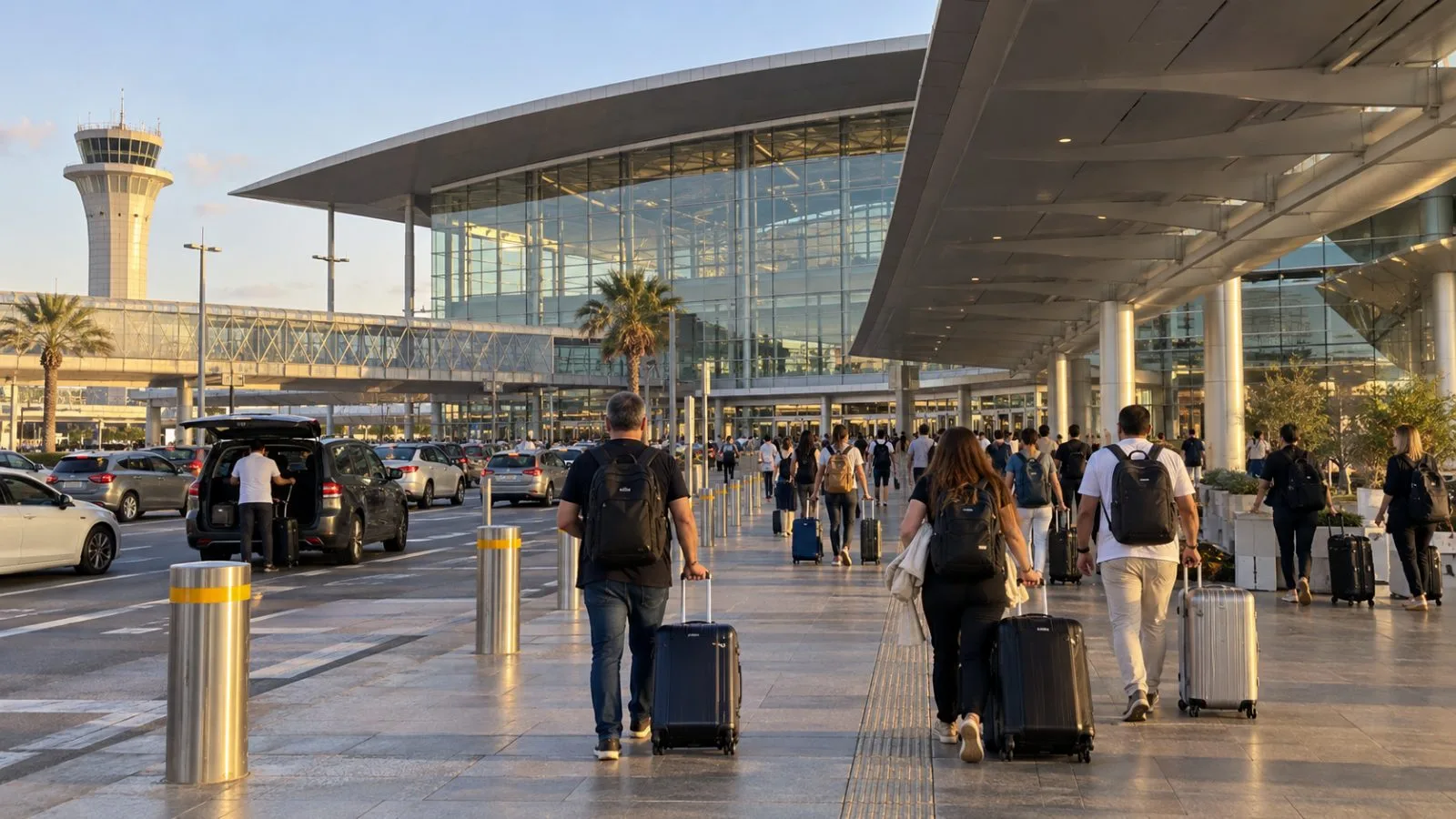 Travelers wheel suitcases toward the departures terminal near Tel Aviv, Israel. (AI-generated image / EconoTimes)
