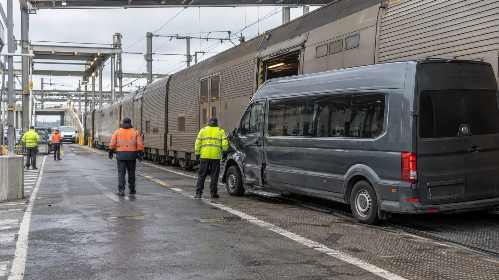 Responders inspect a minibus beside a shuttle train at the Coquelles loading quay in France. (AI-generated image / EconoTimes)