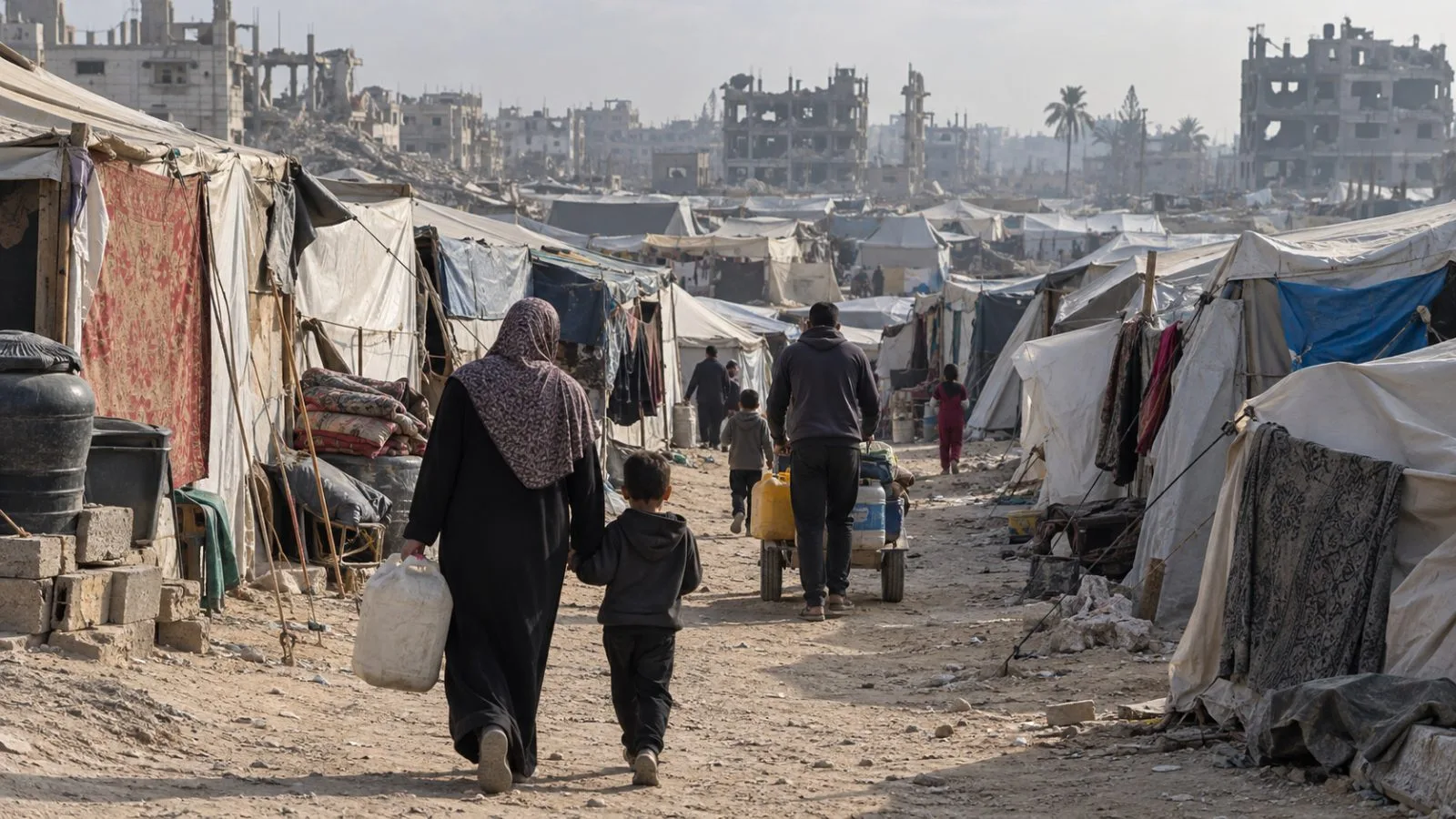 Displaced residents stand beside temporary shelters in Deir el-Balah, Gaza Strip. (AI-generated image / EconoTimes)