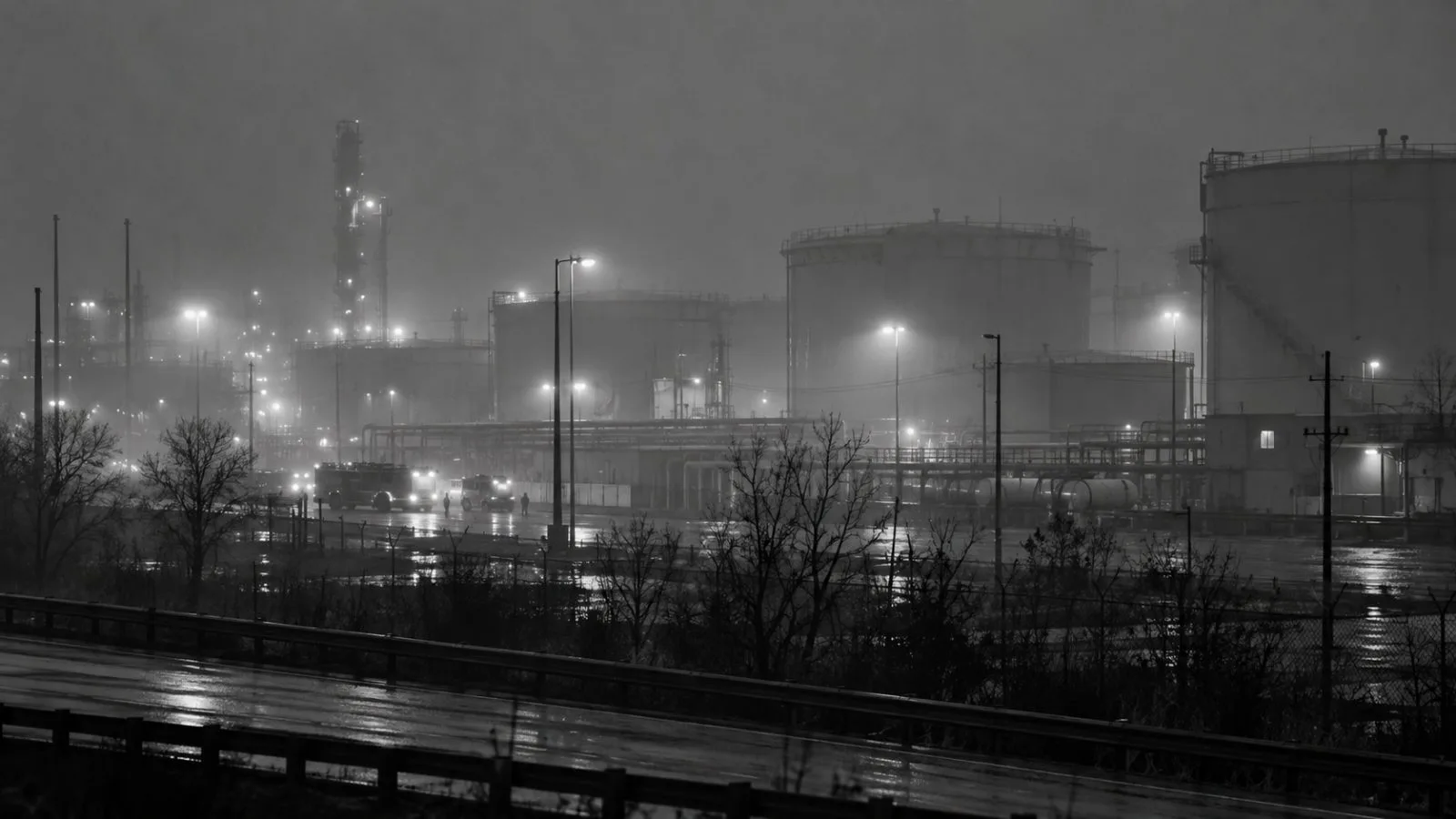 Emergency vehicles stand in dense fog near Progress Avenue in Toledo, Ohio. (AI-generated image / EconoTimes)