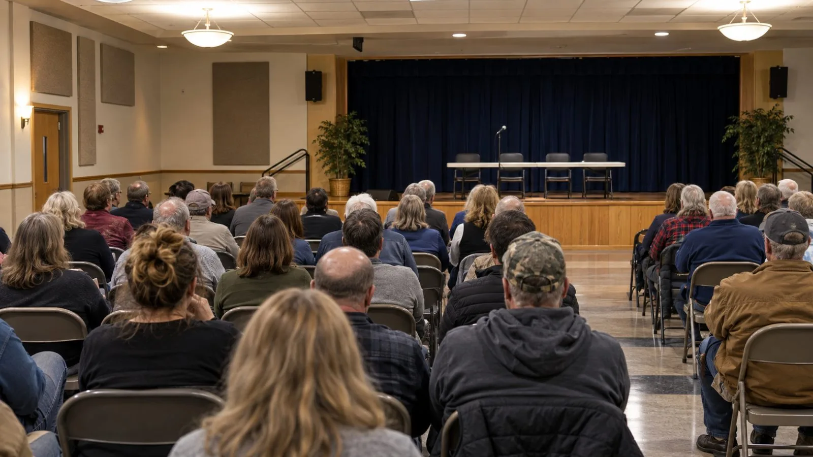 Audience members face a stage microphone at a town hall in Flat Rock, Michigan. (AI-generated image / EconoTimes)
