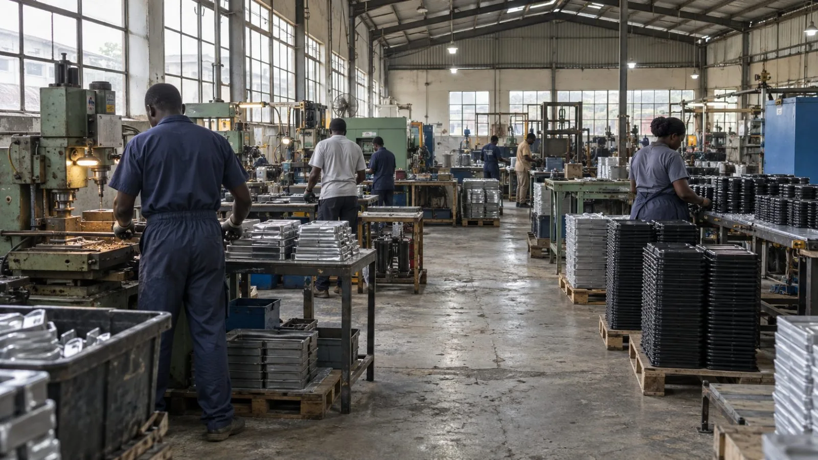 Workers operate a production line inside a manufacturing workshop in Lagos, Nigeria (AI-generated image / EconoTimes)