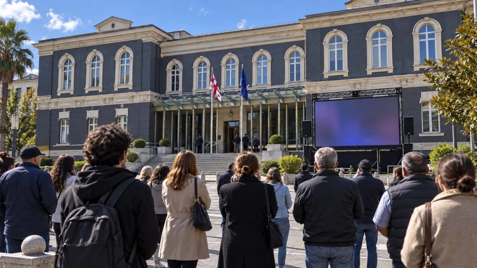 People watch an outdoor screen outside Georgia's Constitutional Court in Batumi. / EconoTimes.ai