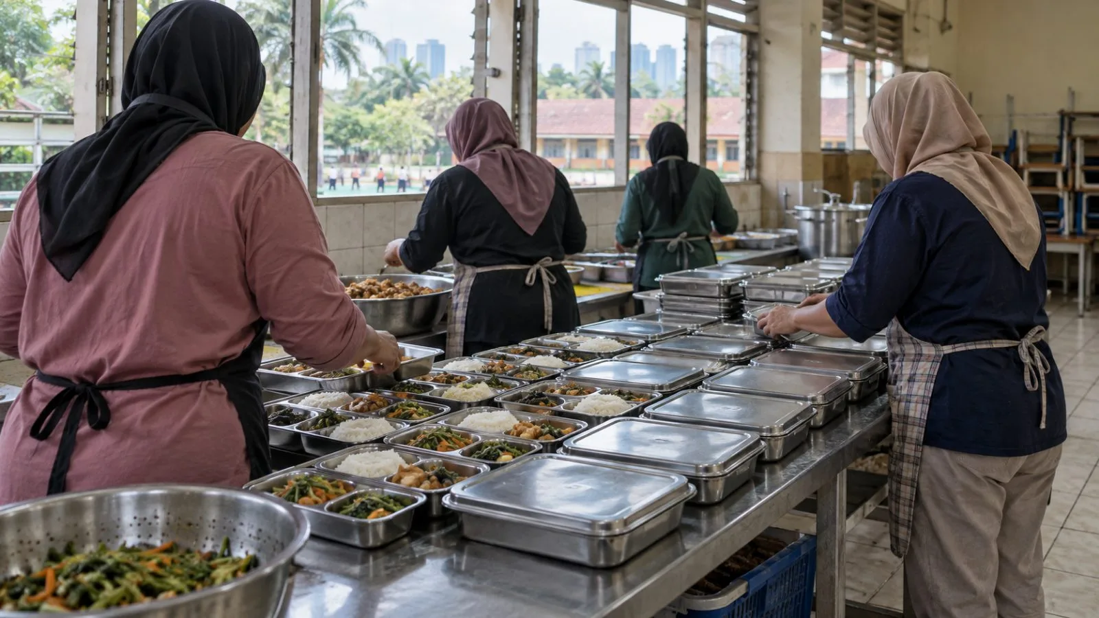School staff arrange covered meal trays at a public primary school in Jakarta, Indonesia. (AI-generated image / EconoTimes)