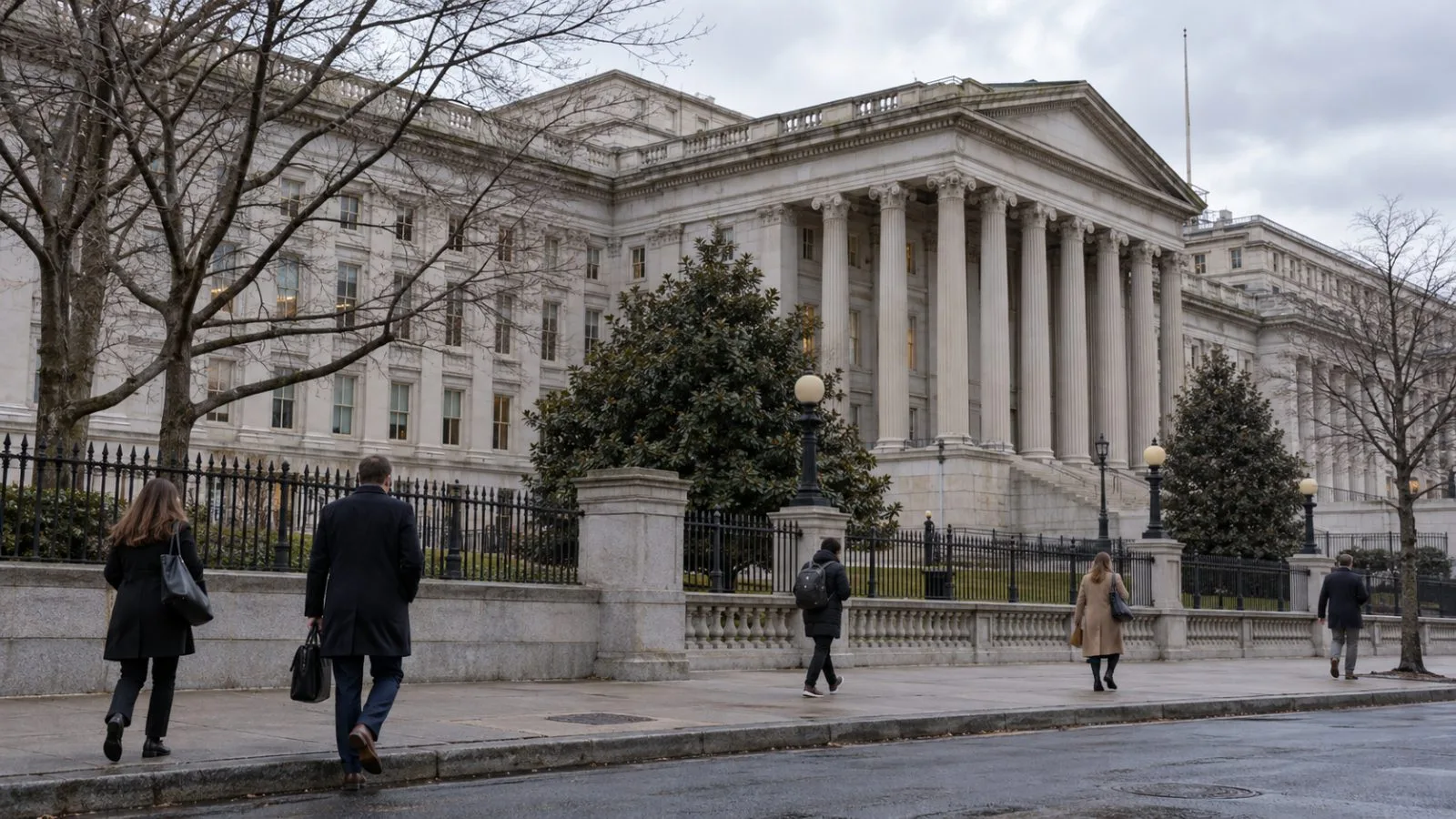 Pedestrians pass the U.S. Treasury building in Washington, D.C. (AI-generated image / EconoTimes)