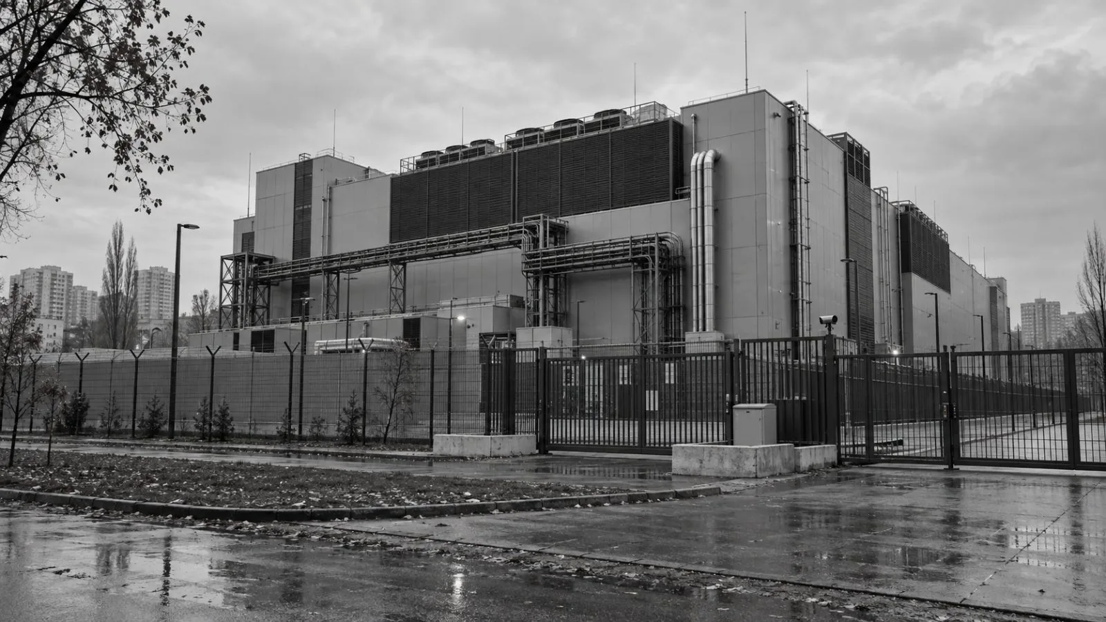 Cooling equipment lines the exterior of a data center in Kyiv, Ukraine. / EconoTimes.ai (mono)