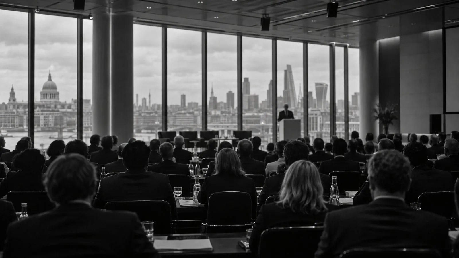 Delegates face a speaker at an Africa summit in London. (AI-generated image / EconoTimes)