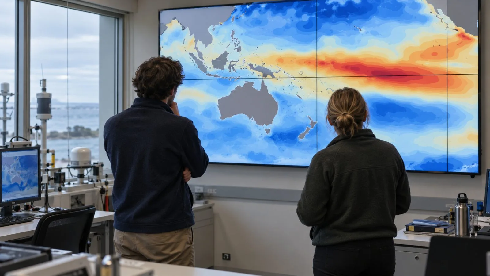 Researchers review Pacific climate projections at CSIRO’s Aspendale facility in Melbourne, Australia. (AI-generated image / EconoTimes)