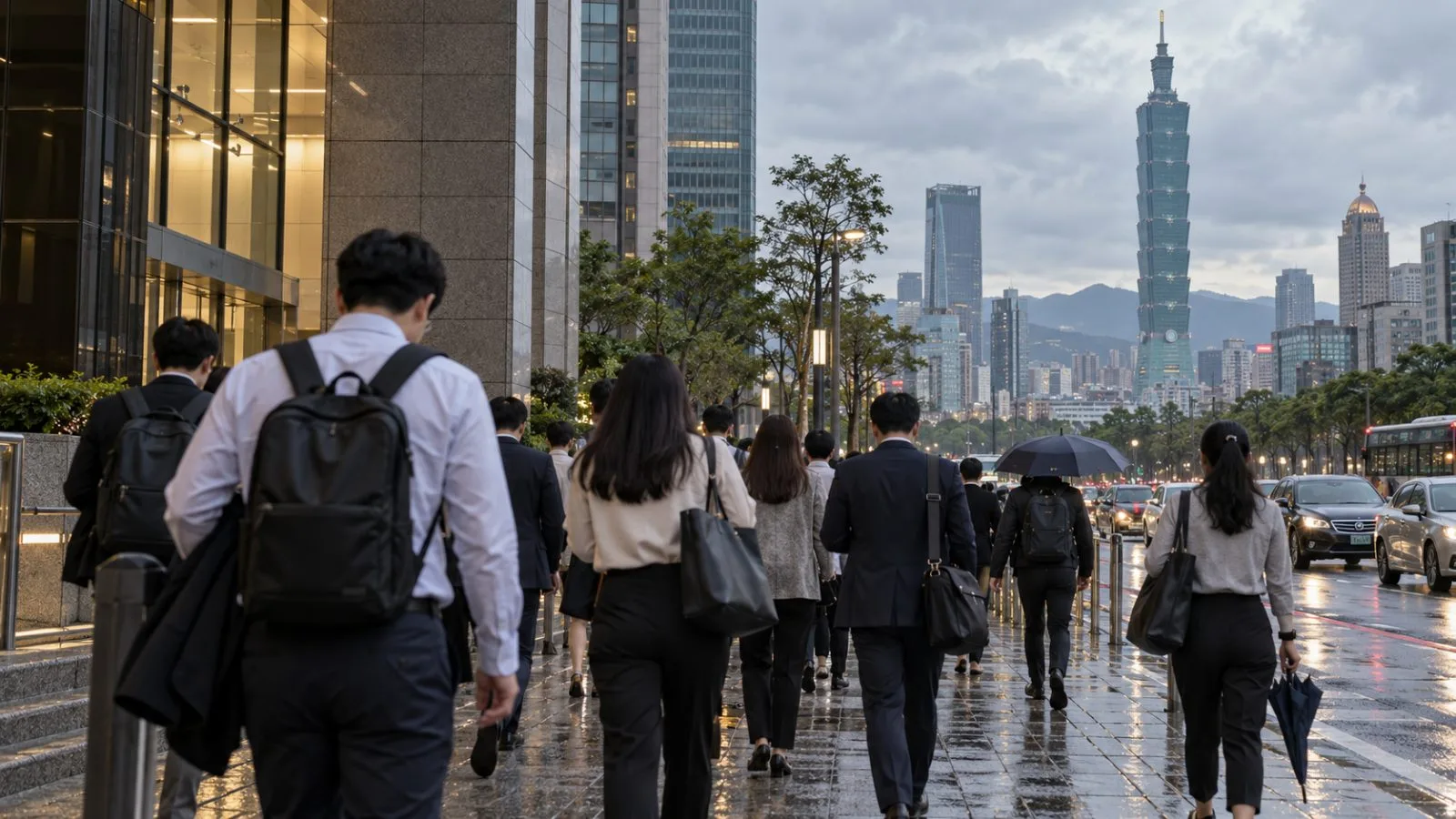 Office workers leave a financial district building in Taipei, Taiwan, after the trading day. (AI-generated image / EconoTimes)