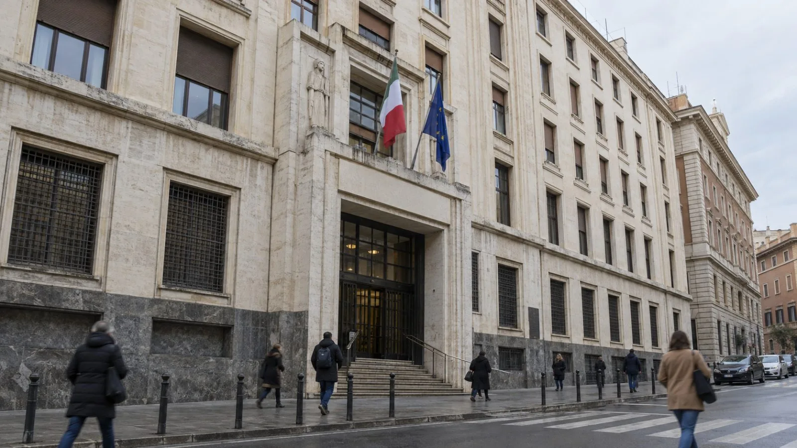 Pedestrians pass the Italian National Institute of Statistics headquarters in Rome on an overcast morning. (AI-generated image / EconoTimes)