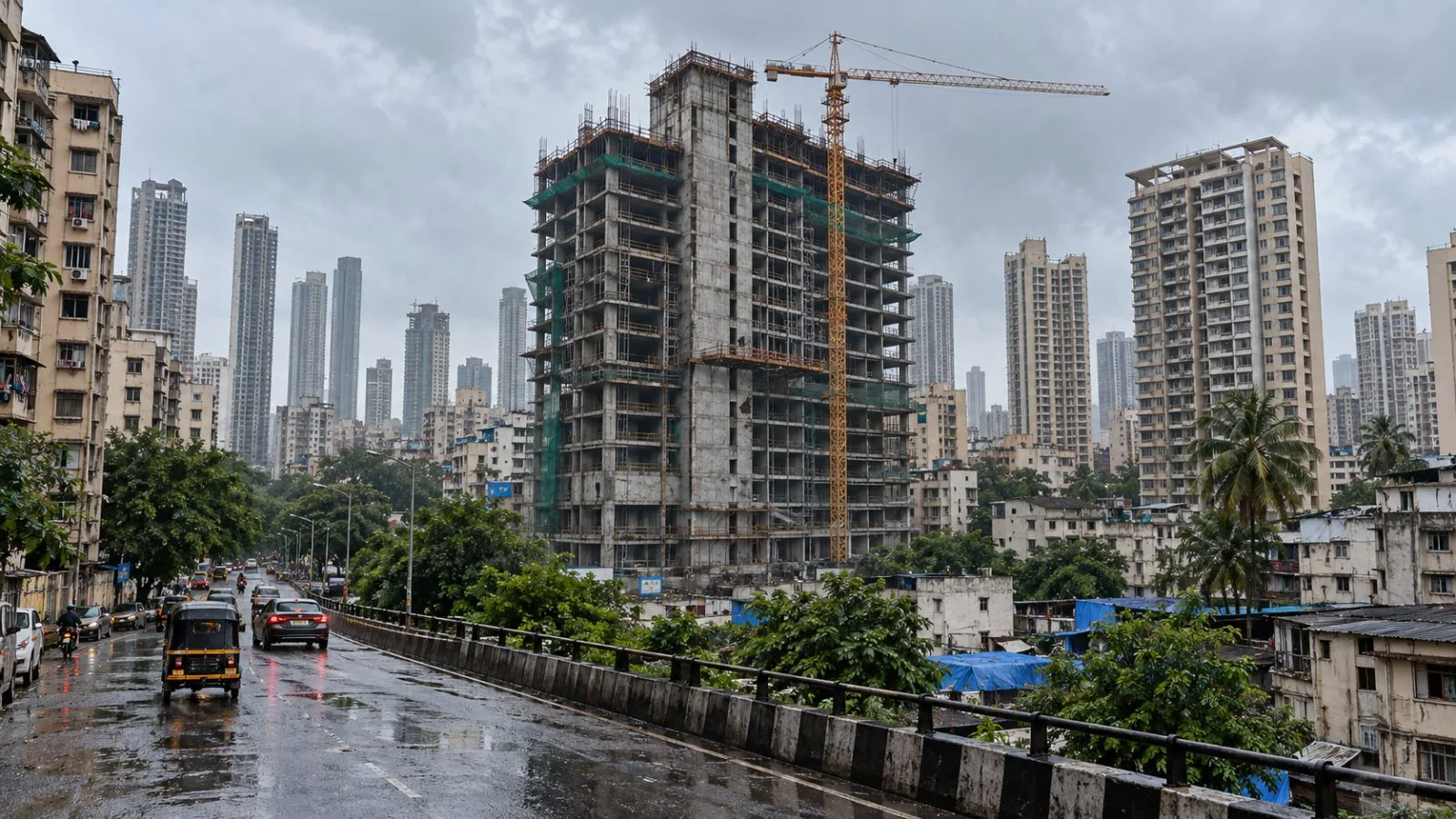 An unfinished residential tower rises above neighboring buildings in Mumbai, India. (AI-generated image / EconoTimes)