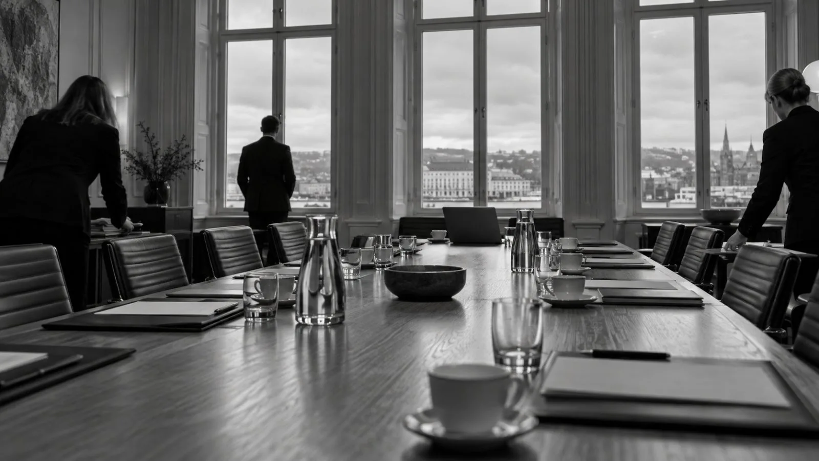 A laptop sits at a conference table prepared for Ukraine talks in Oslo, Norway (AI-generated image / EconoTimes)