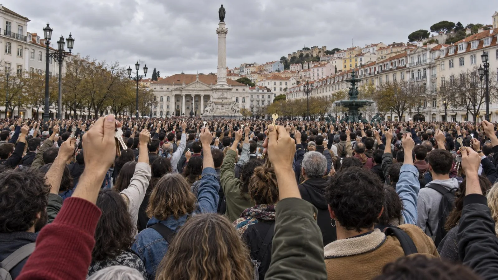 Demonstrators hold keys aloft during a housing rally in Lisbon’s Rossio Square. (AI-generated image / EconoTimes)