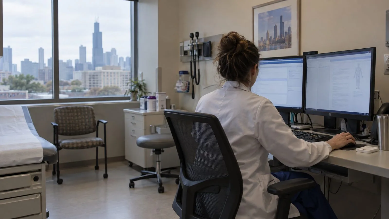 A clinician reviews a note beside a medical reference page in a Chicago hospital room (AI-generated image / EconoTimes)