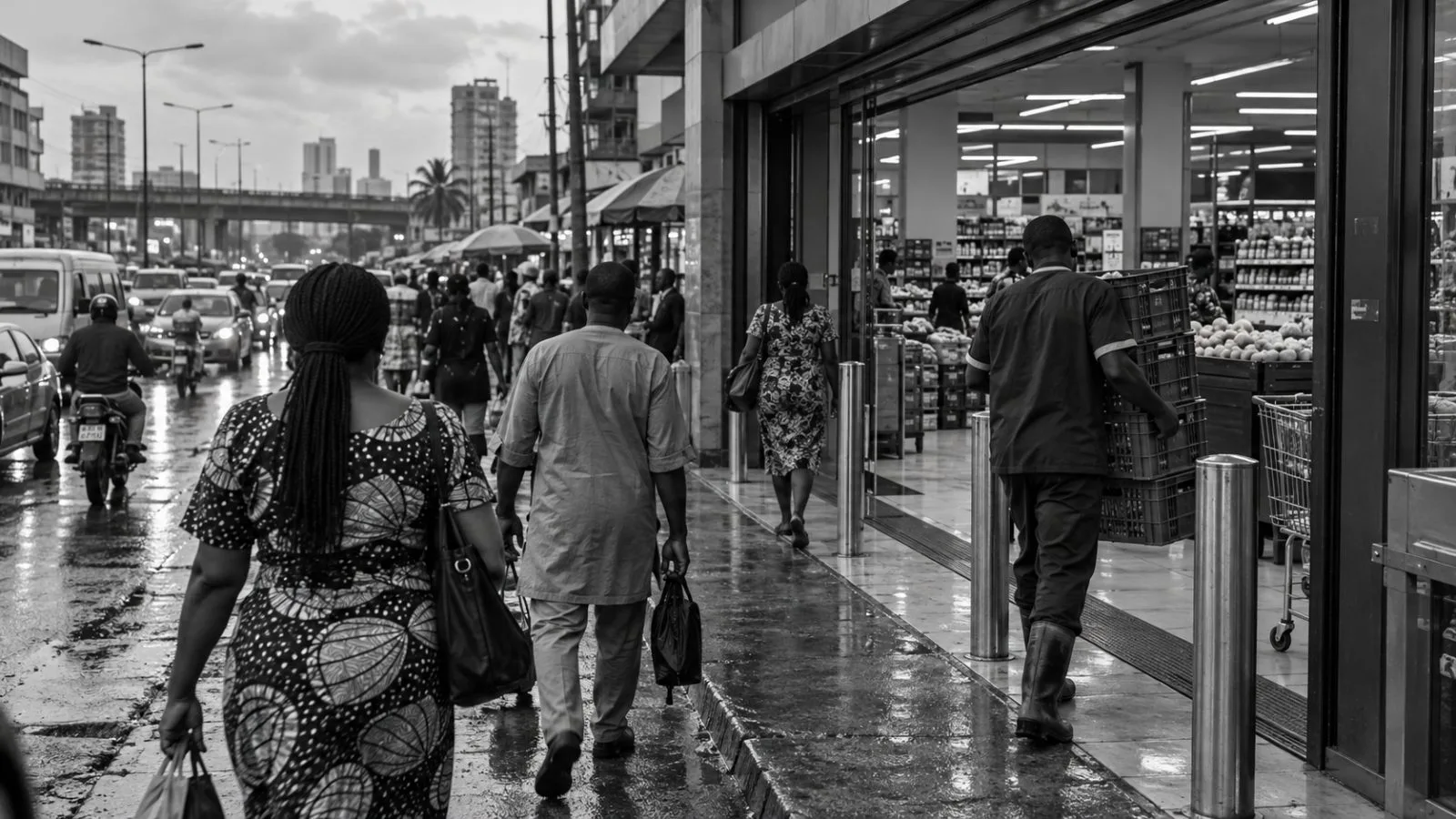 Shoppers pass a neighborhood supermarket entrance on a busy commercial street in Lagos, Nigeria. (AI-generated image / EconoTimes)