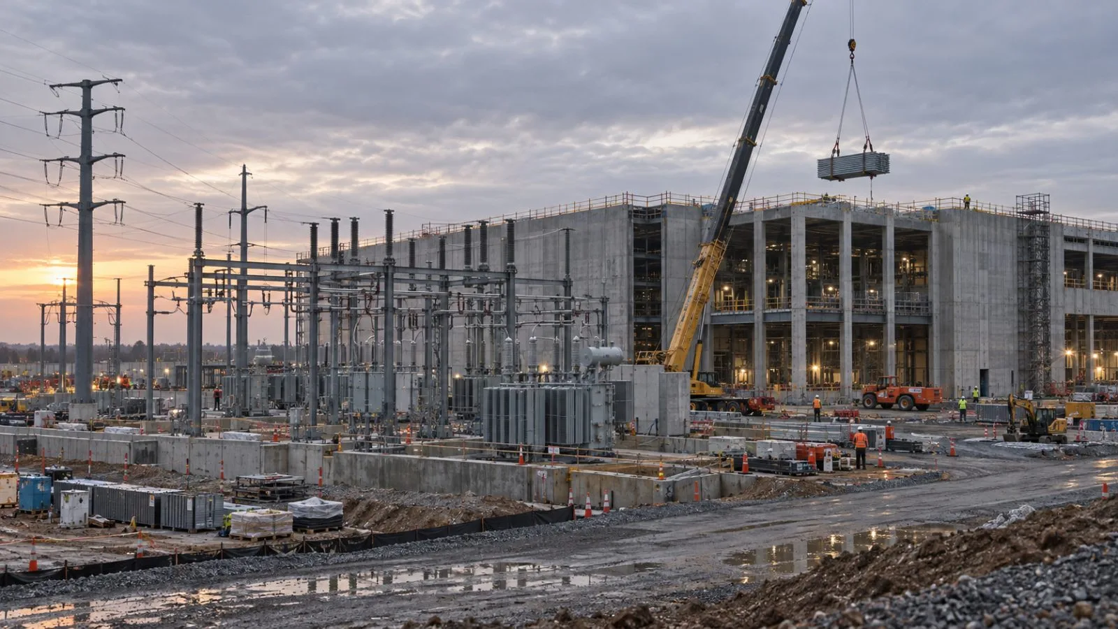 A data center shell and unfinished electrical substation rise at a construction site in Ashburn, Virginia. (AI-generated image / EconoTimes)