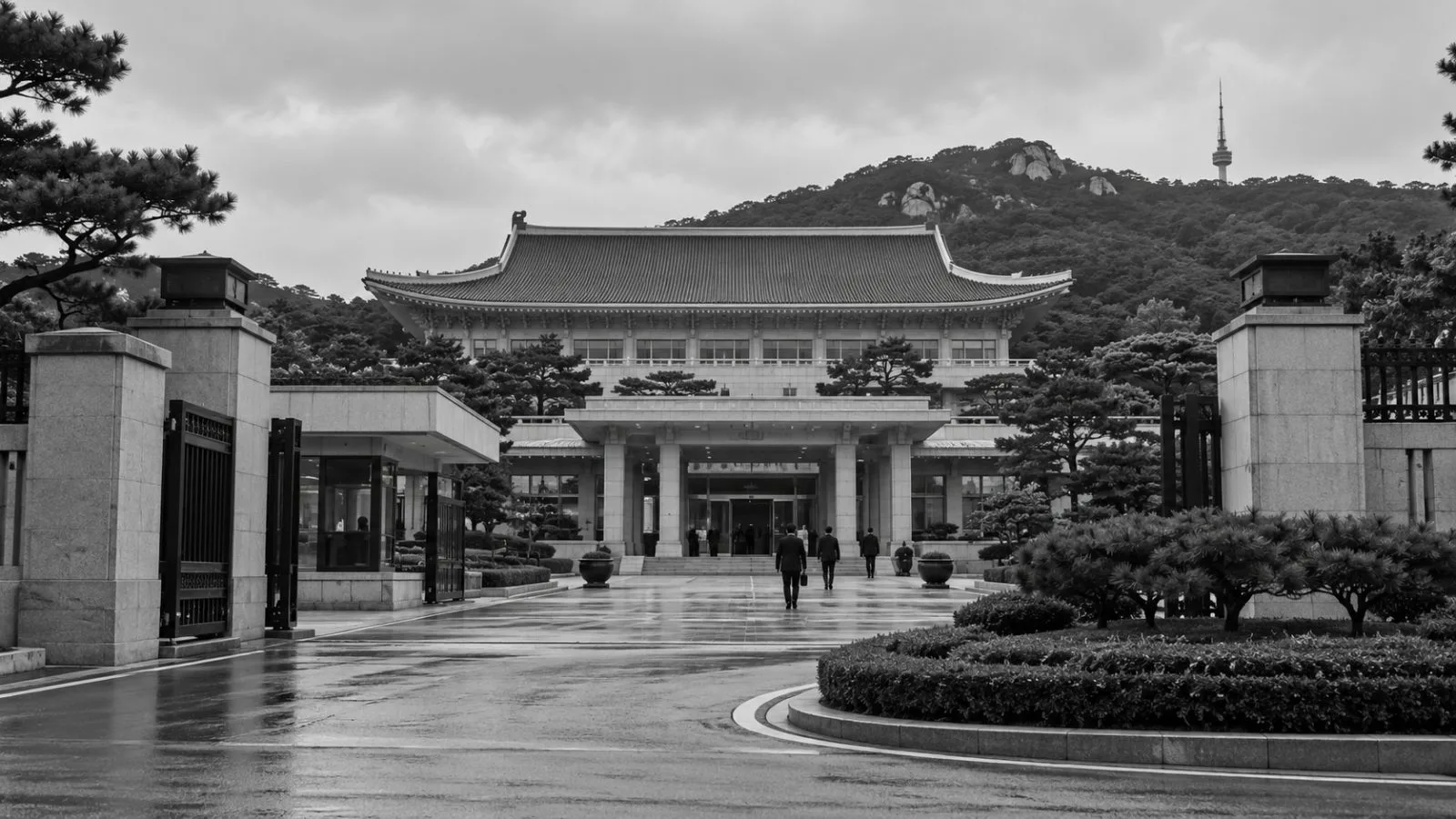 Staff enter the presidential office in Seoul, South Korea, on an overcast morning. (AI-generated image / EconoTimes)