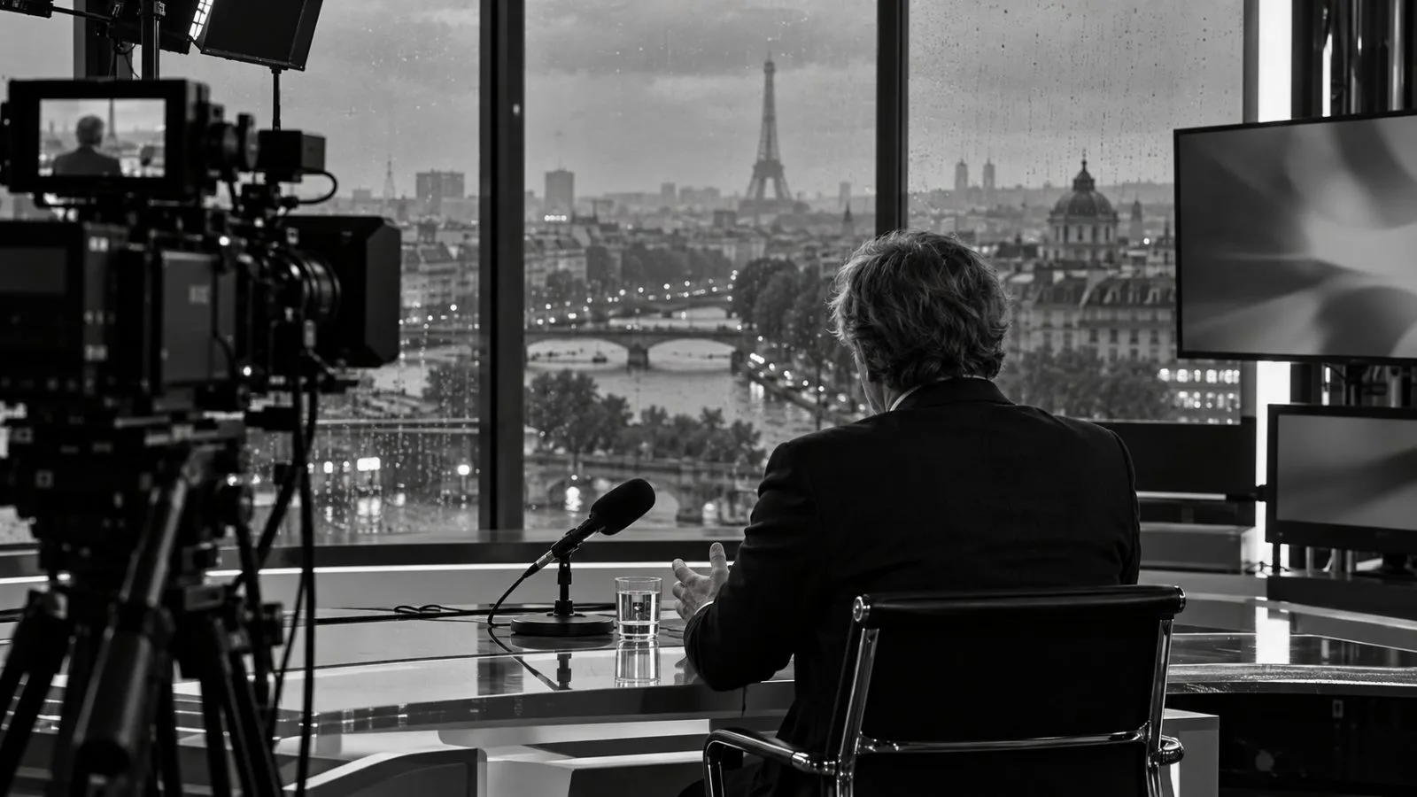A broadcast camera faces an interview set at a France 24 studio in Paris, France. (AI-generated image / EconoTimes)