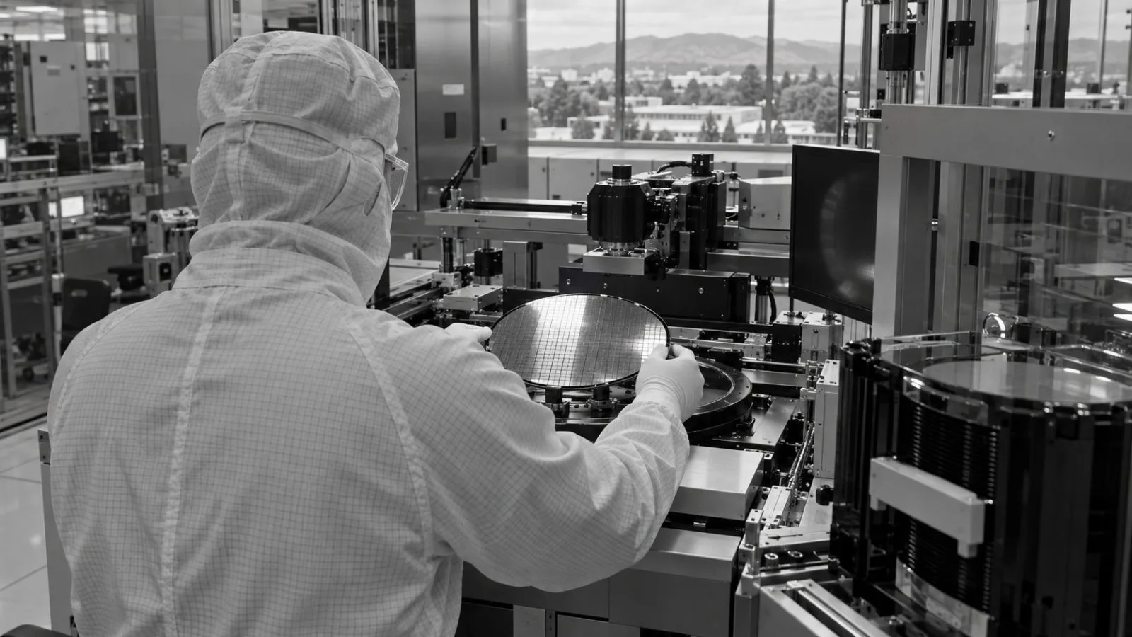 An engineer inspects a silicon wafer on a process-control tool at KLA’s campus in Milpitas, California. (AI-generated image / EconoTimes)