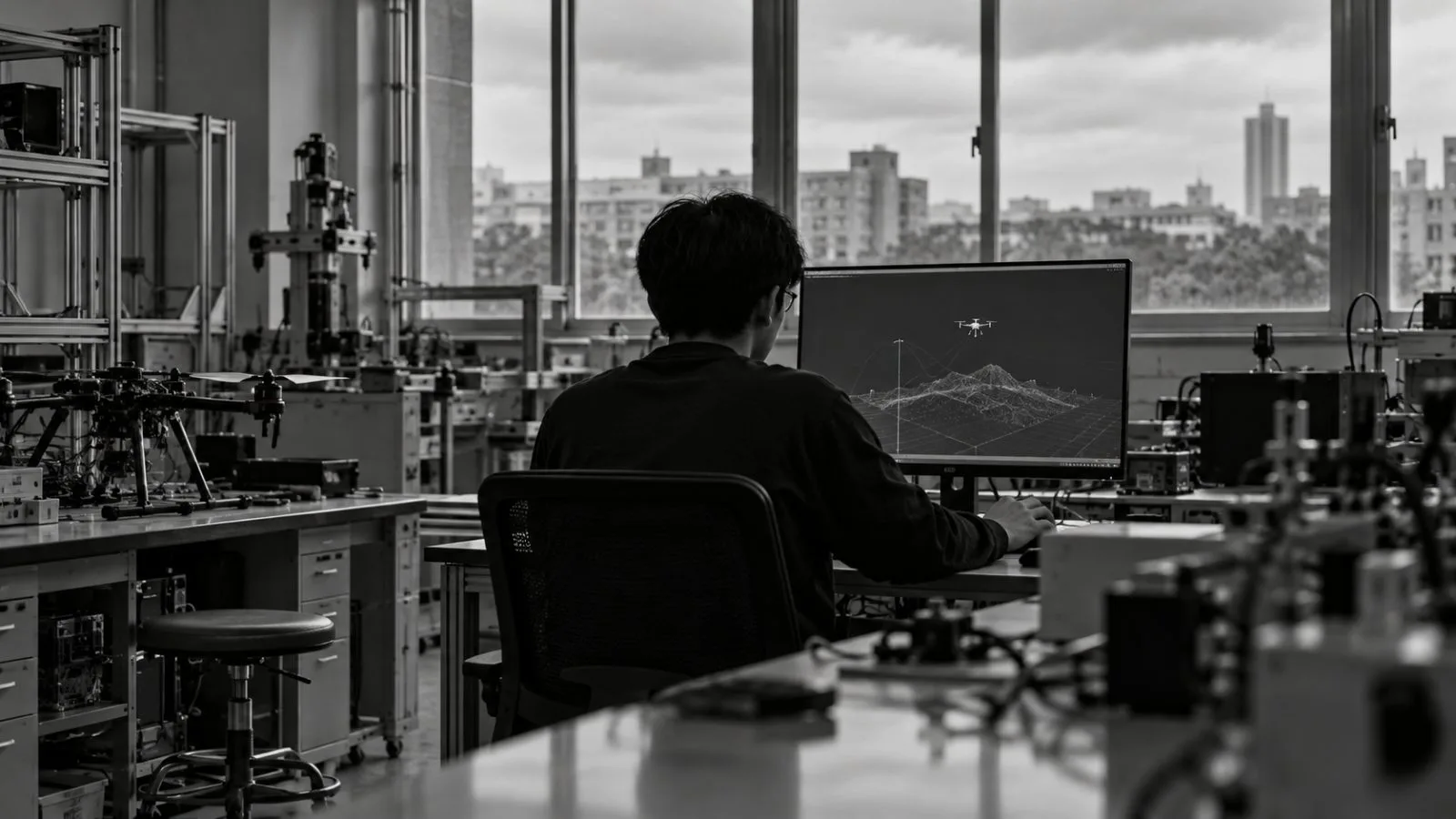 A researcher studies a drone flight simulation at National Cheng Kung University in Tainan. (AI-generated image / EconoTimes)