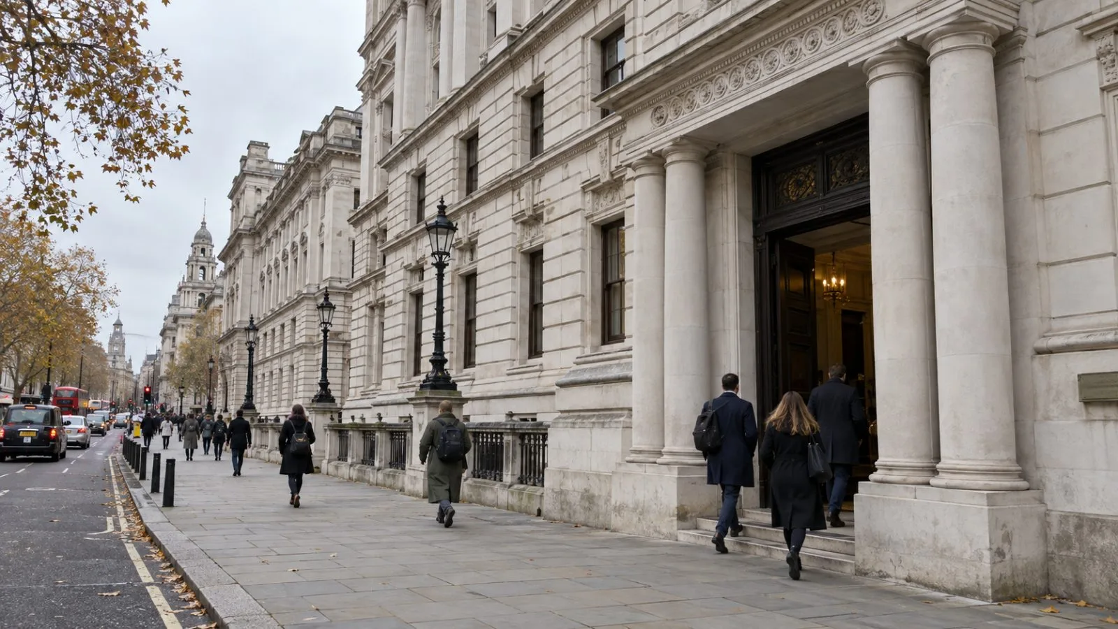 Pedestrians pass HM Treasury on Horse Guards Road in Westminster, London. (AI-generated image / EconoTimes)