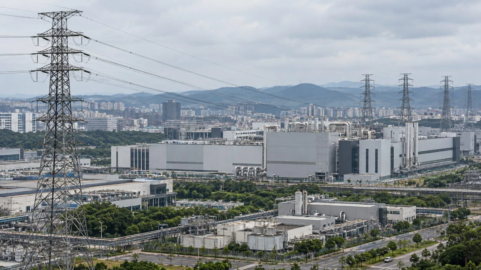 Power lines stand beside semiconductor plants in Hsinchu, Taiwan. (AI-generated image / EconoTimes)
