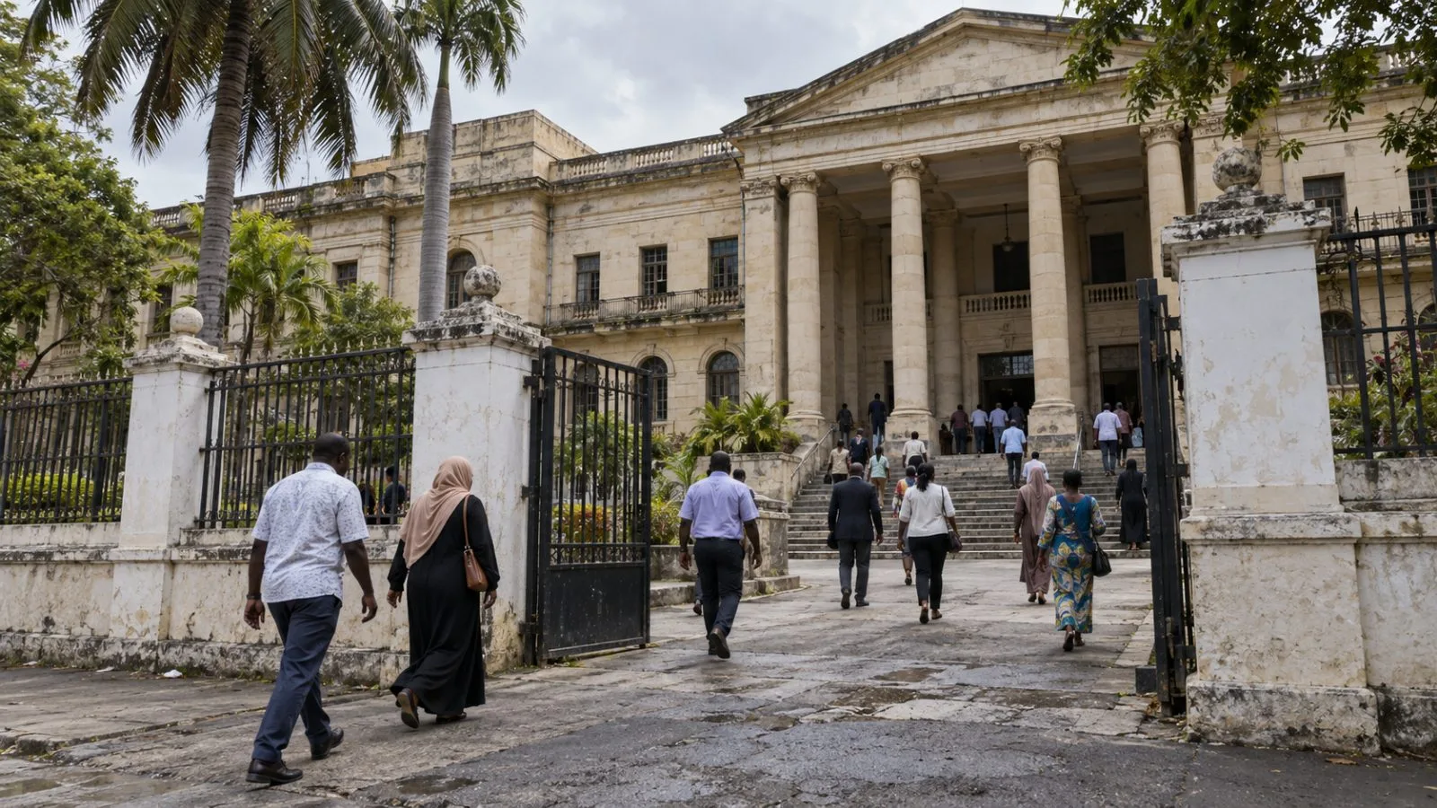 Court visitors pass through the entrance to Mombasa Law Courts in Mombasa, Kenya. (AI-generated image / EconoTimes)