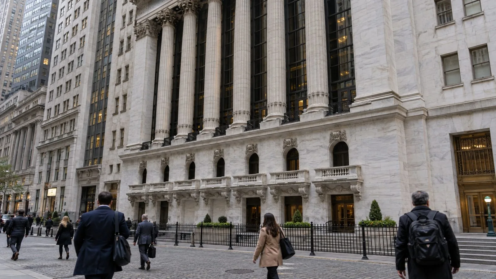Commuters pass the New York Stock Exchange facade on Broad Street in Lower Manhattan. (AI-generated image / EconoTimes)