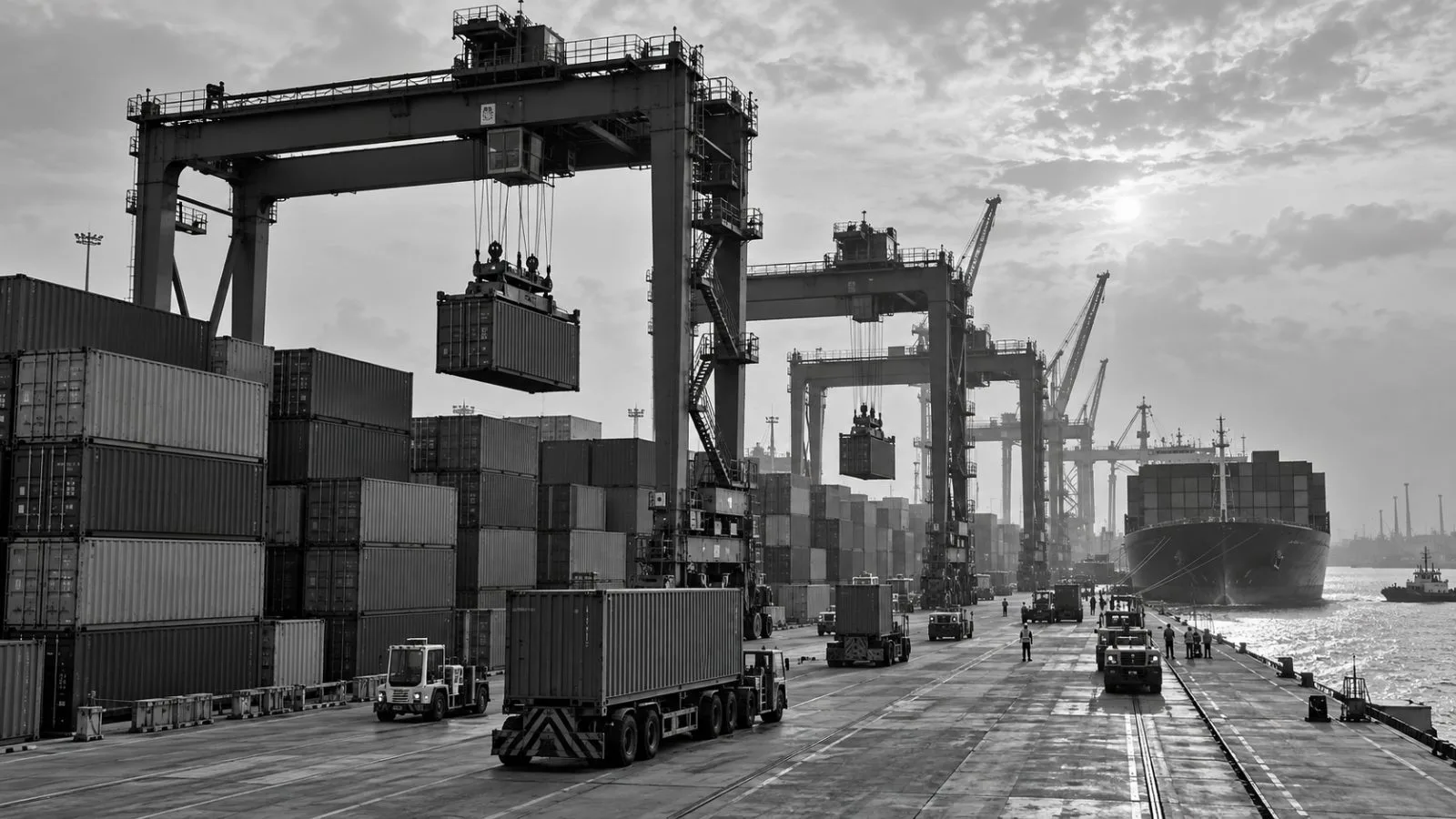 Electric rubber-tired gantry cranes handle containers at Tema Port in Ghana. (AI-generated image / EconoTimes)