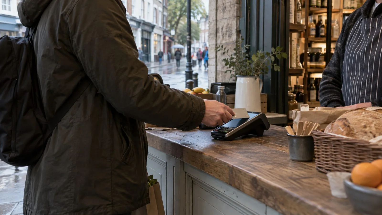 A customer taps a payment card at a shop counter in London, United Kingdom (AI-generated image / EconoTimes)