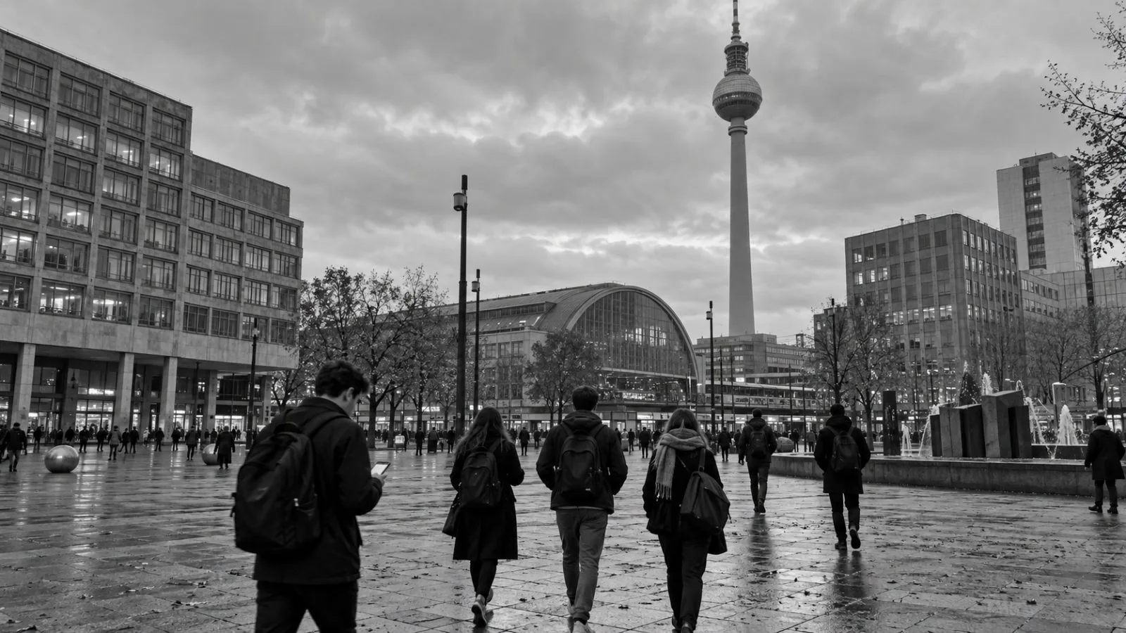 Young people cross Berlin’s Alexanderplatz as one checks a phone. (AI-generated image / EconoTimes)