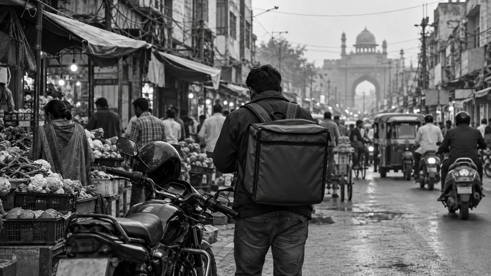 Shoppers select vegetables at INA Market in New Delhi during the morning trade. / EconoTimes.ai (mono)