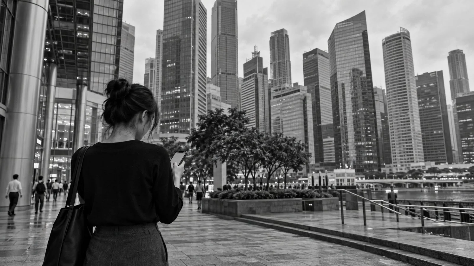 A commuter checks a phone beside office towers at Raffles Place, Singapore. (AI-generated image / EconoTimes)