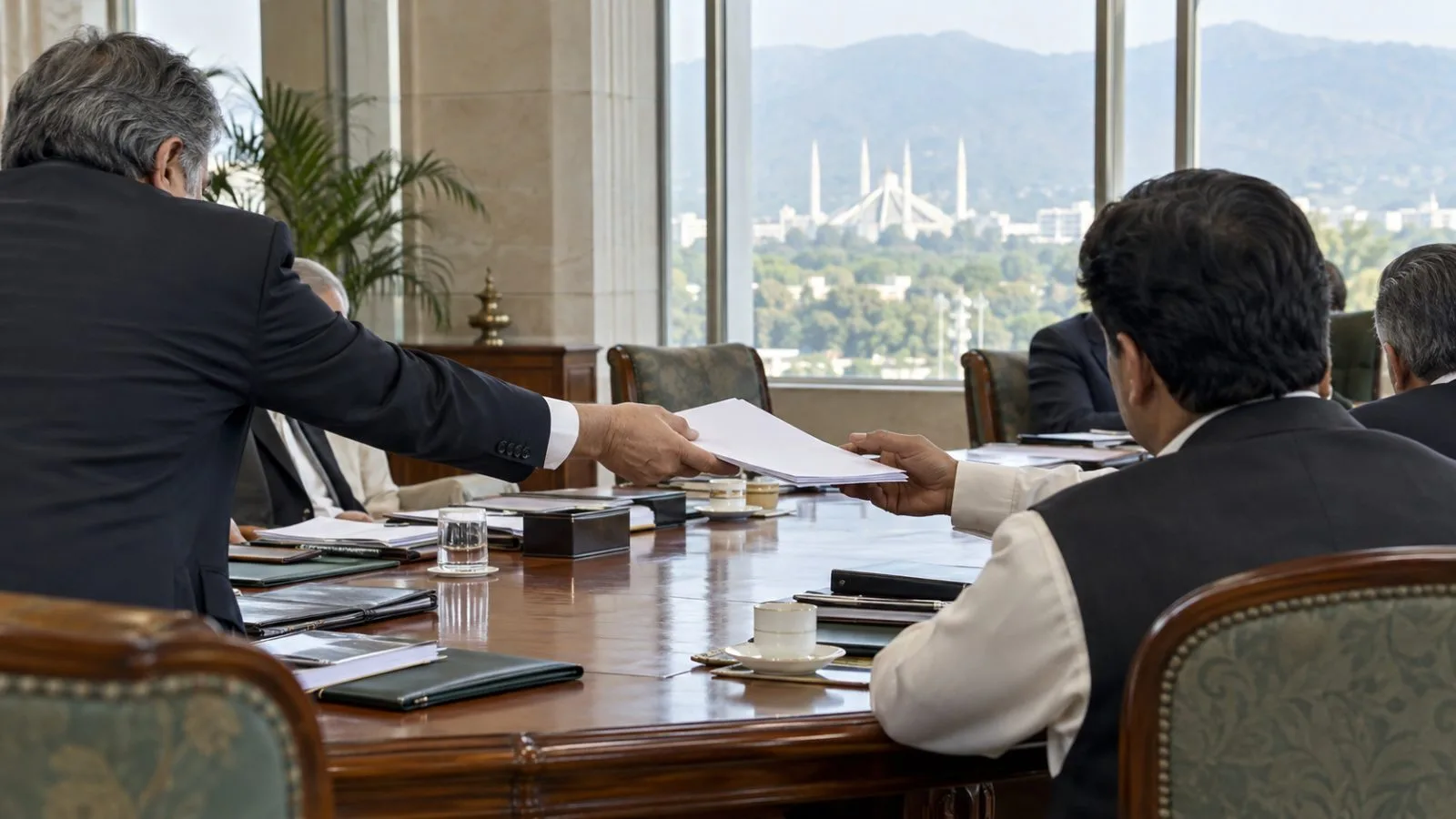 Officials exchange a memorandum during bilateral talks in Islamabad, Pakistan. (AI-generated image / EconoTimes)