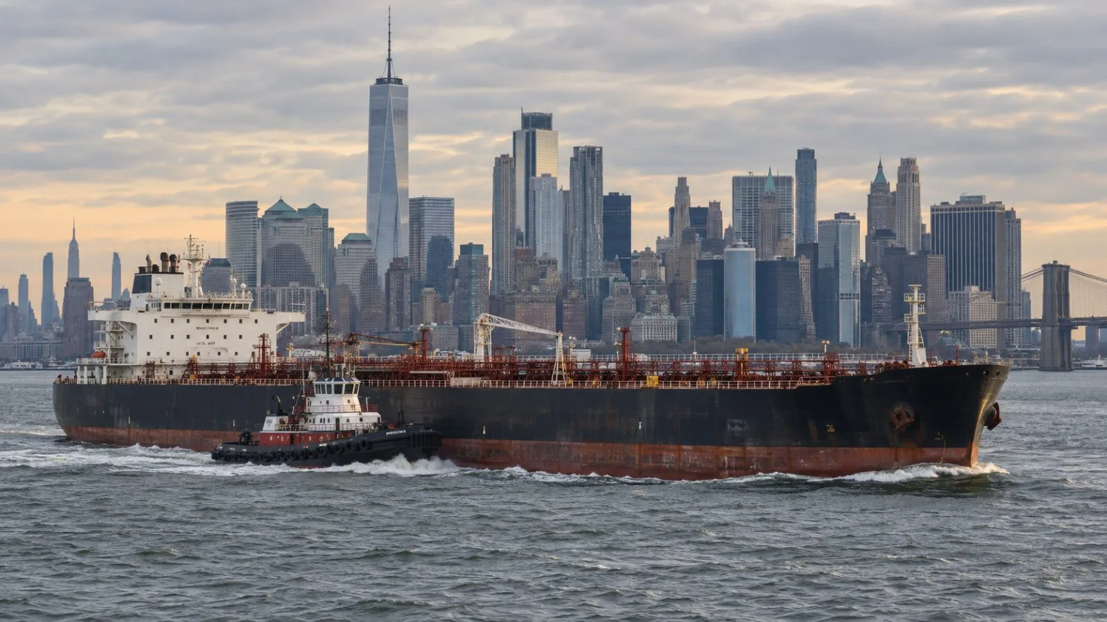 An oil tanker moves through New York Harbor with a tug alongside. (AI-generated image / EconoTimes)