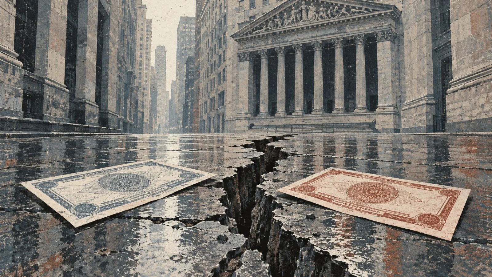 Two bond certificates sit across a widening pavement fissure in an illustration of New York’s financial district. (AI-generated image / EconoTimes)