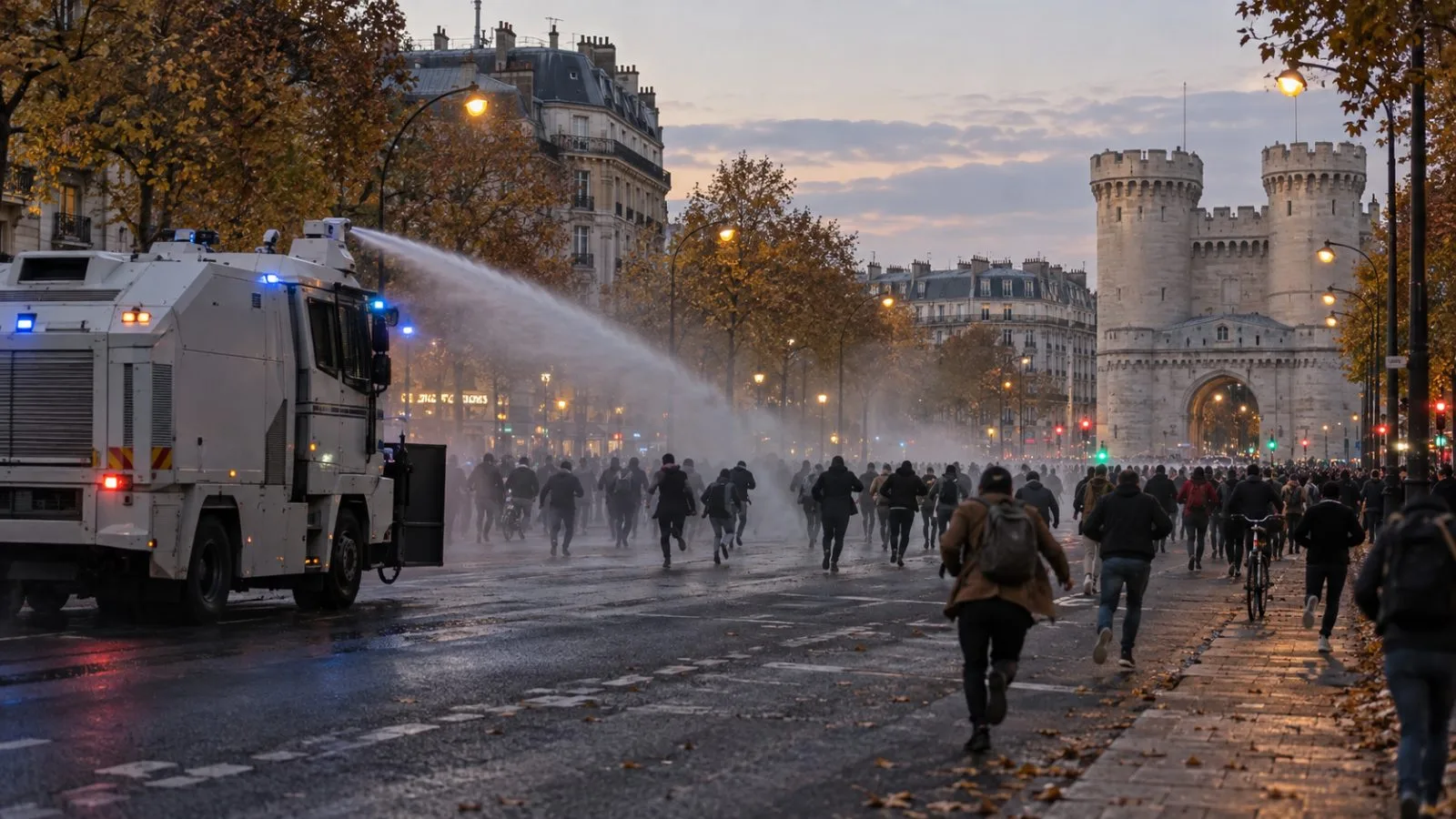 Police disperse demonstrators near Porte de Vincennes in Paris after a cost-of-living march. (AI-generated image / EconoTimes)