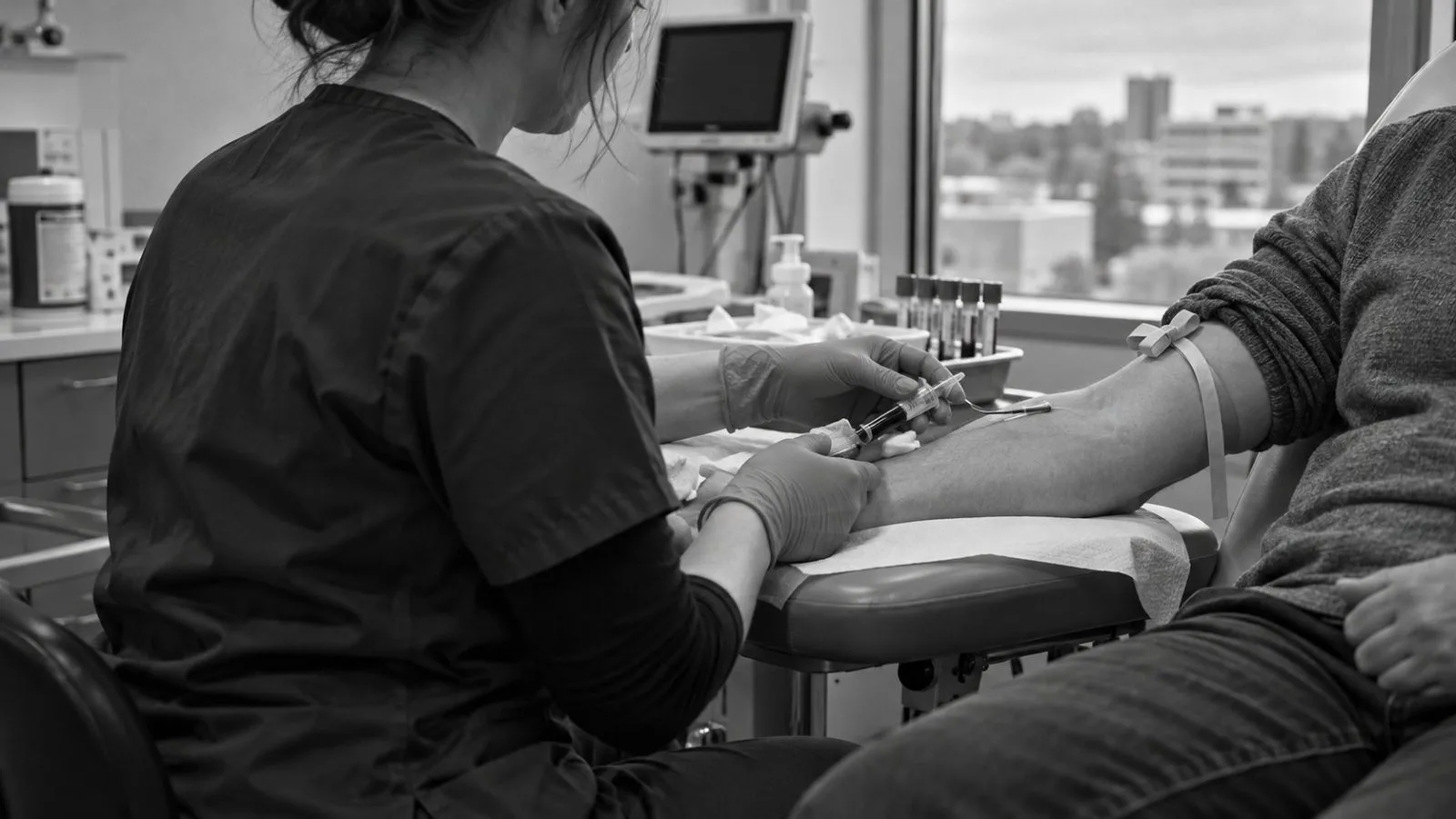 A nurse draws a blood sample during a rheumatology visit at Michigan Medicine in Ann Arbor. (AI-generated image / EconoTimes)
