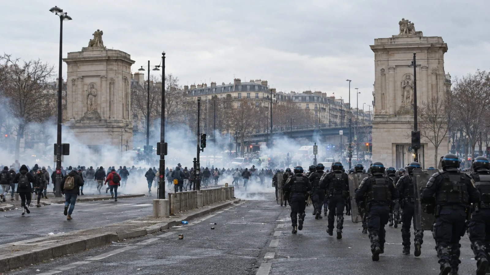 Demonstrators move through tear gas during dispersal near Porte de Charenton in Paris. (AI-generated image / EconoTimes)