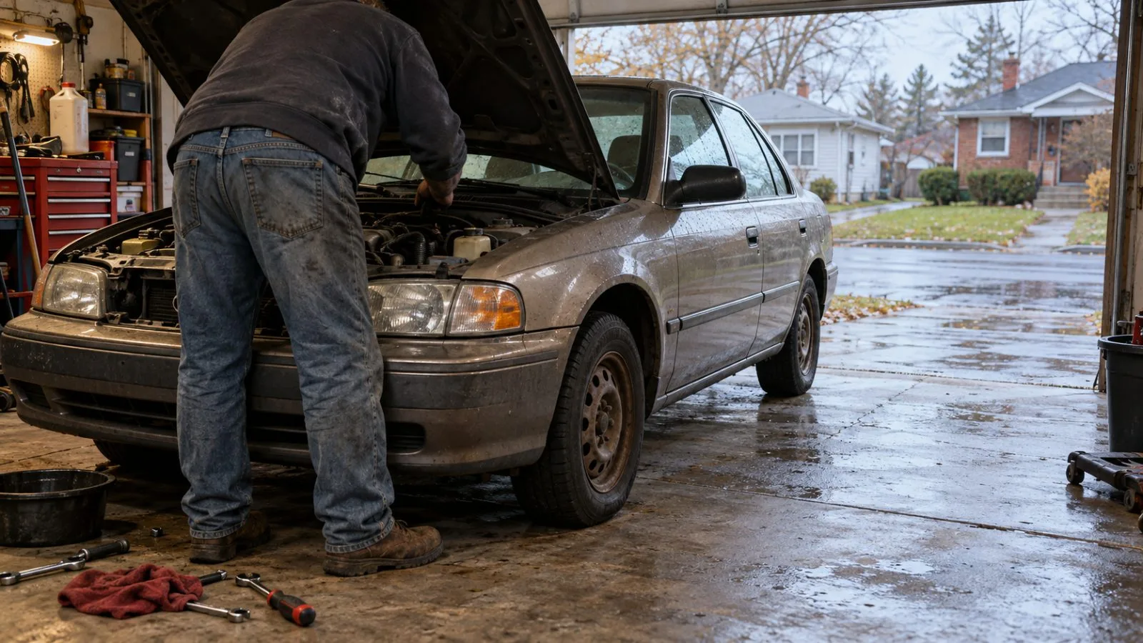A mechanic works beneath the open hood of an older sedan in a Detroit neighborhood garage (AI-generated image / EconoTimes)