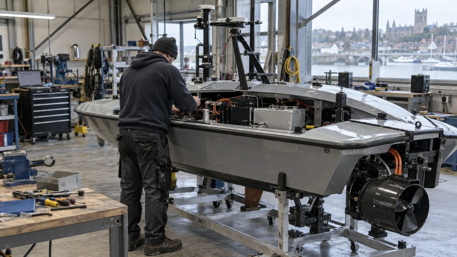 An unmanned survey vessel sits inside a marine technology workshop in Exeter, England. (AI-generated image / EconoTimes)