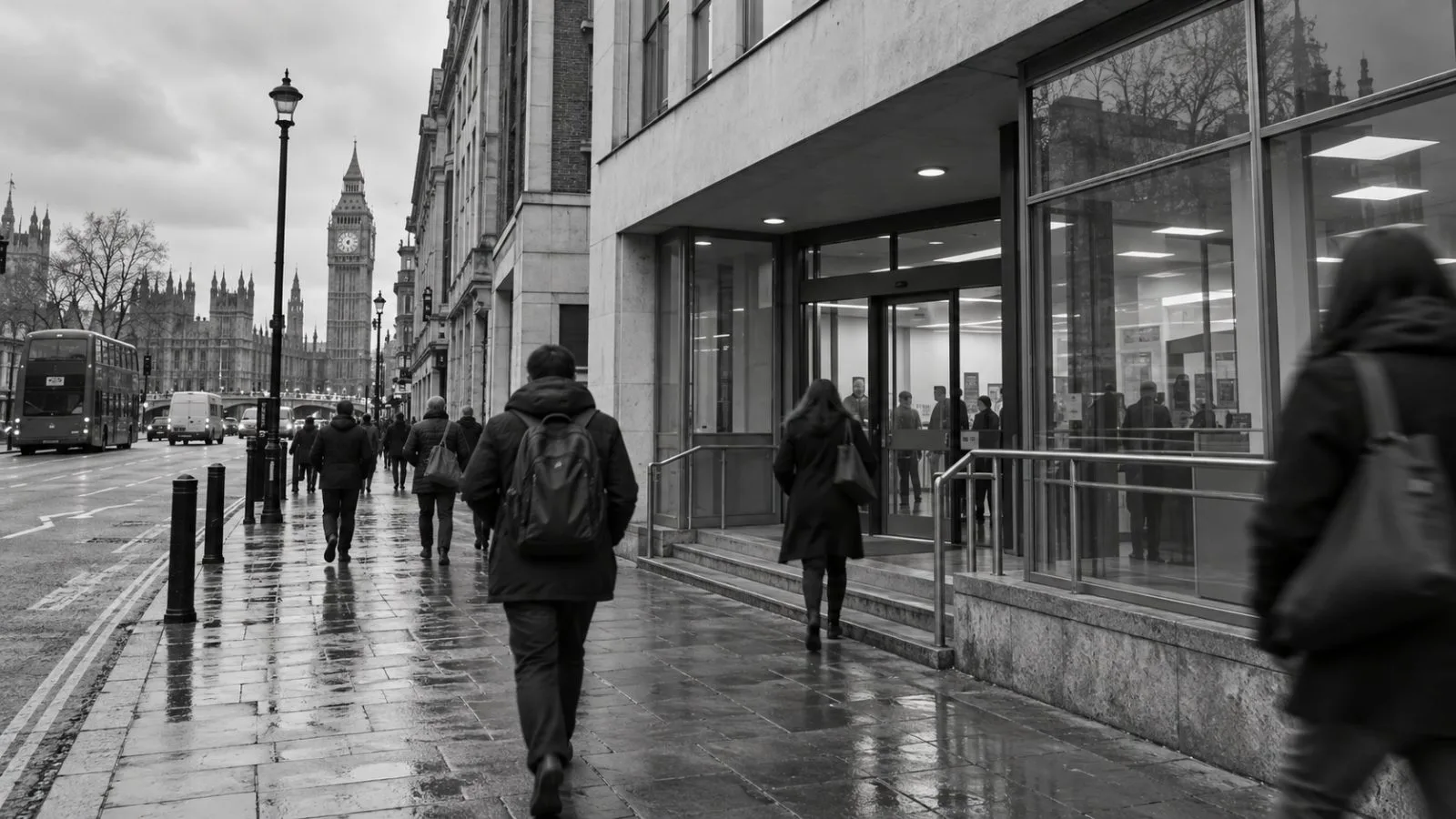 Pedestrians pass an employment office in London, England, on an overcast morning. (AI-generated image / EconoTimes)
