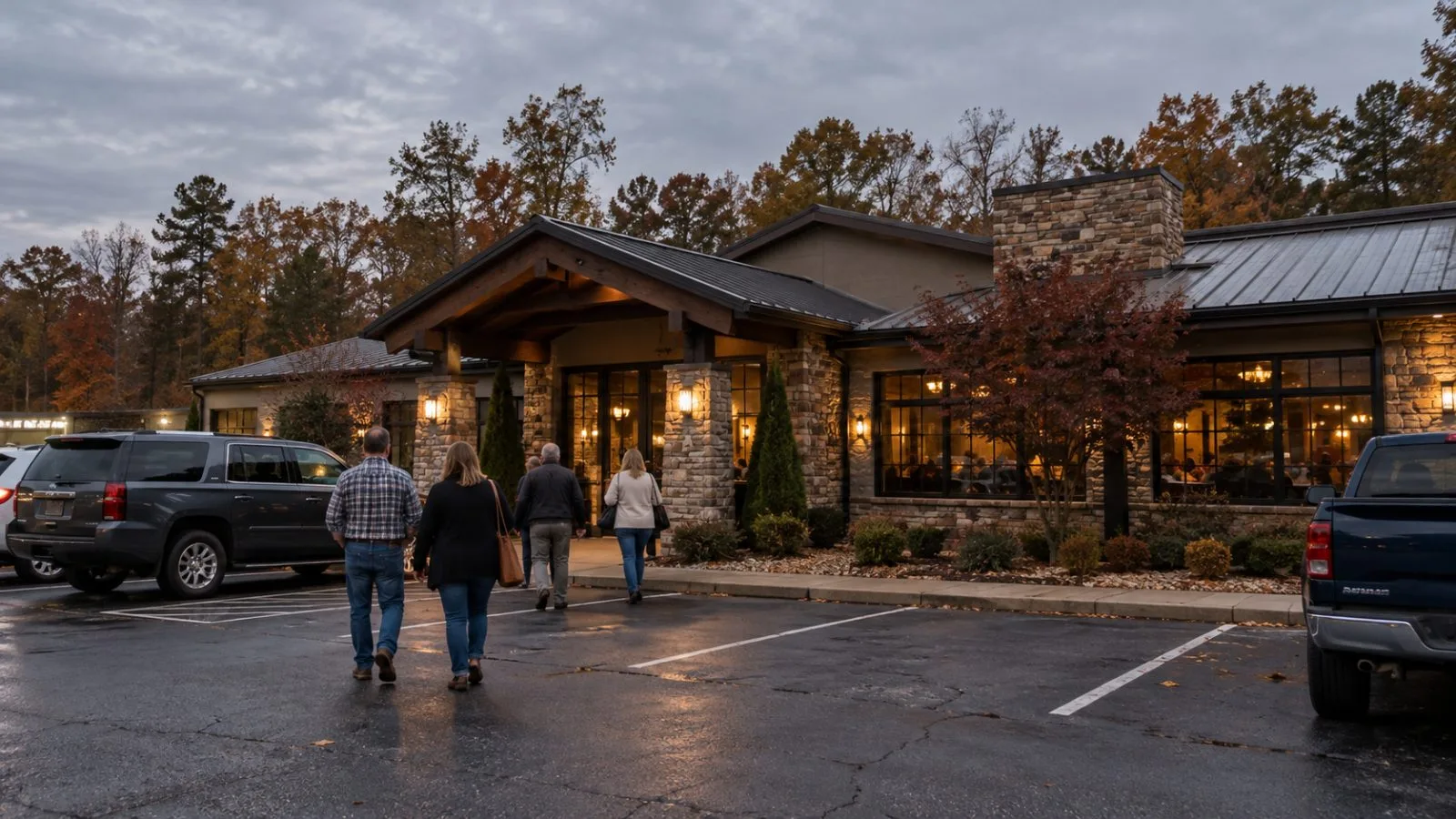 Diners approach a steakhouse entrance on an overcast evening in Perry, Georgia. (AI-generated image / EconoTimes)