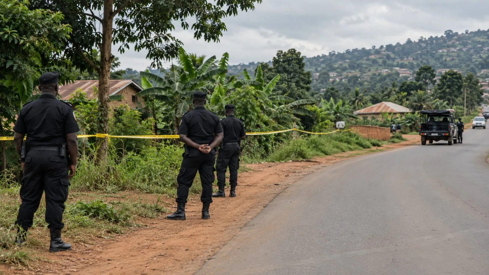 A police cordon marks a rural roadside in Luwala, outside Kampala, Uganda. (AI-generated image / EconoTimes)