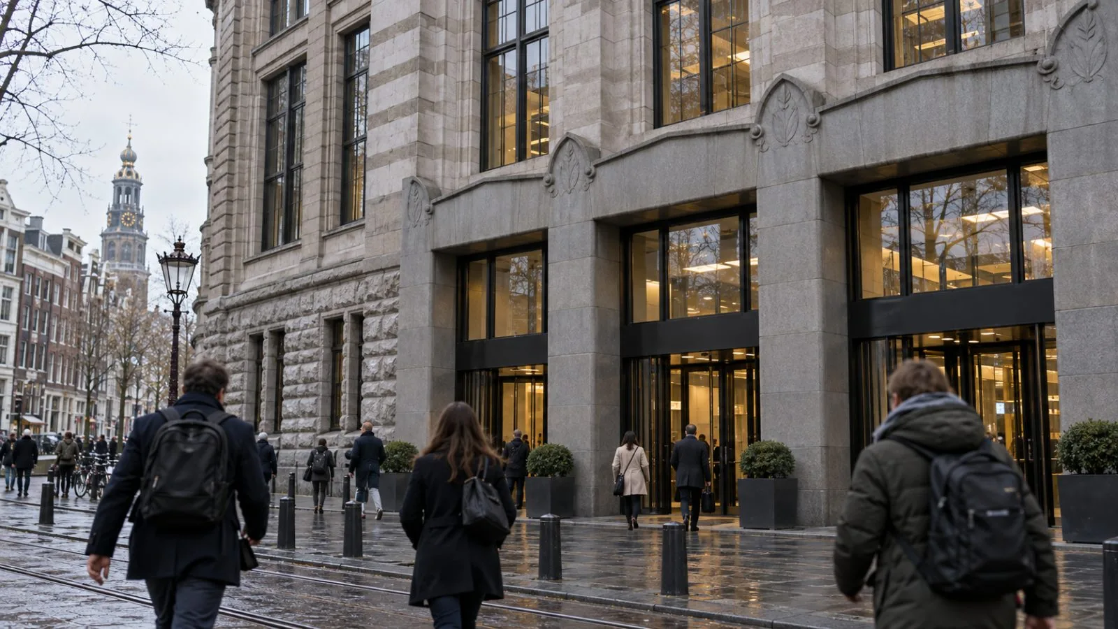 Pedestrians pass the Amsterdam stock exchange on an overcast afternoon. (AI-generated image / EconoTimes)