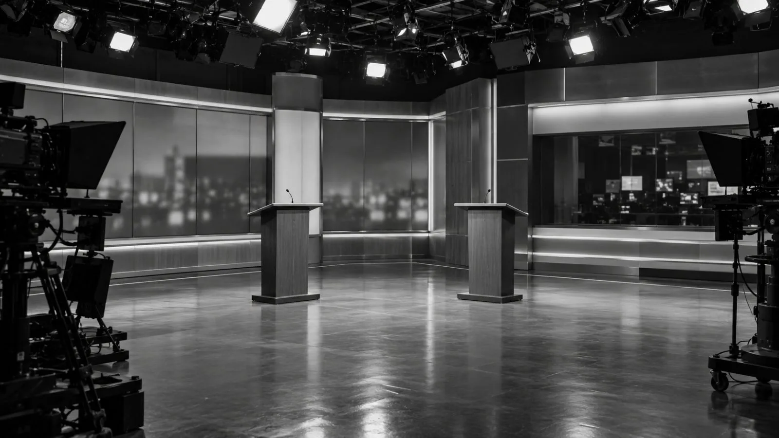 Two lecterns stand on a television studio stage in Southfield, Michigan. (AI-generated image / EconoTimes)