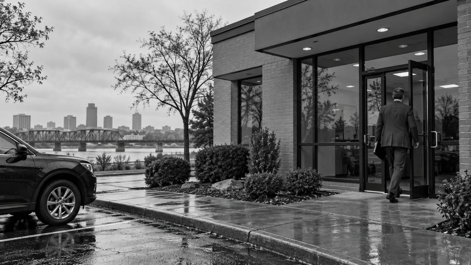 An adviser enters a financial office in North Little Rock, Arkansas. (AI-generated image / EconoTimes)