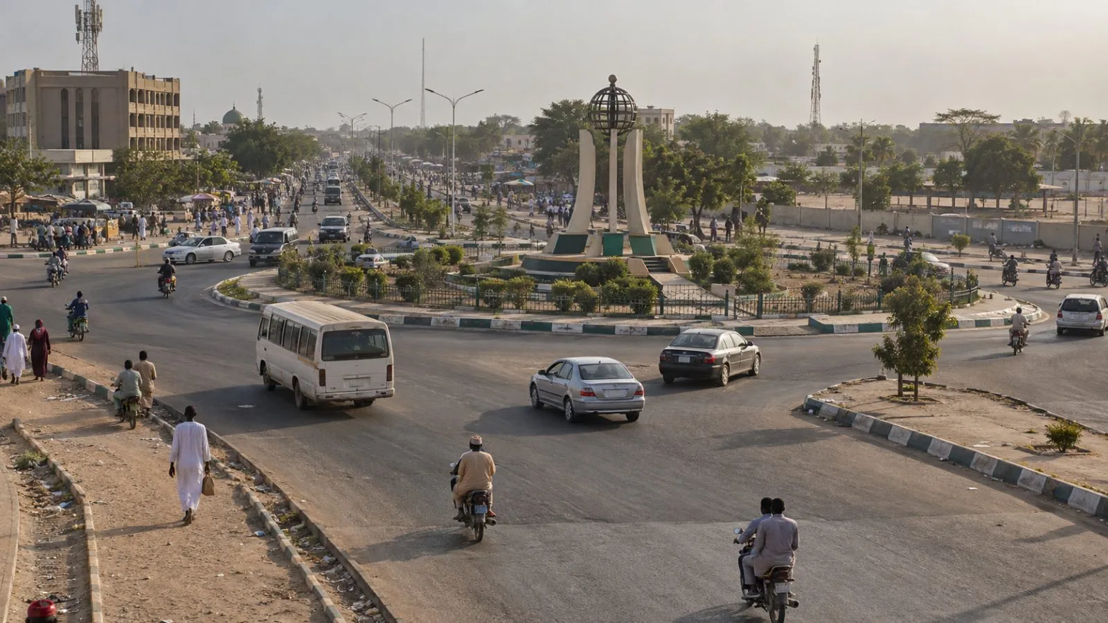 Traffic and pedestrians move through West End Roundabout in Maiduguri, Nigeria. (AI-generated image / EconoTimes)