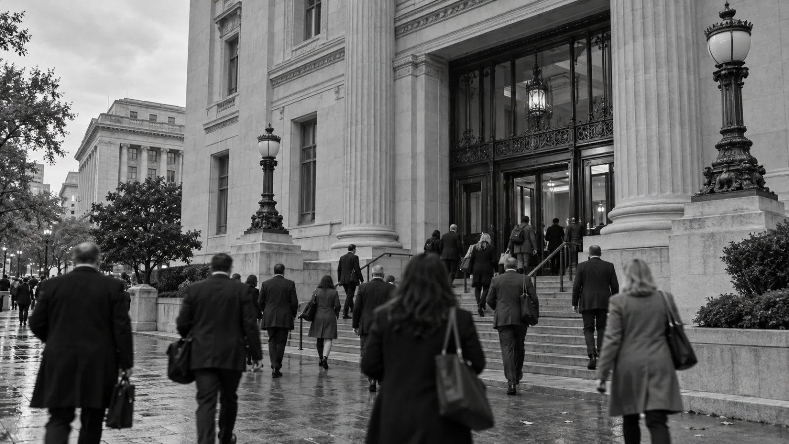 Attendees leave the U.S. Chamber of Commerce in Washington after a business event. (AI-generated image / EconoTimes)