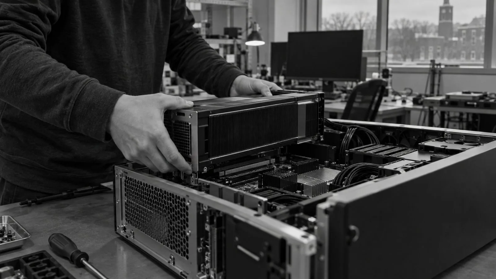 A technician fits a GPU accelerator into a bench-top workstation in Newark, Delaware. (AI-generated image / EconoTimes)